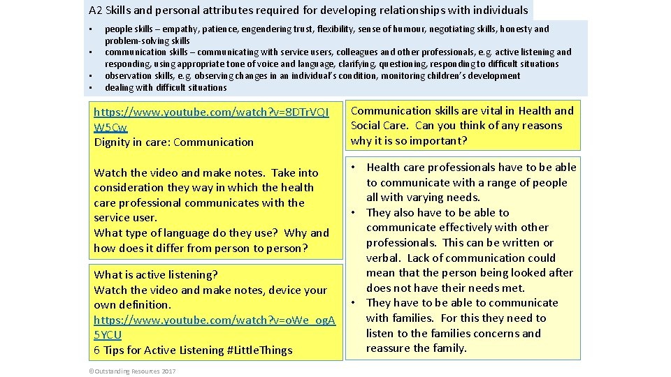 A 2 Skills and personal attributes required for developing relationships with individuals • •