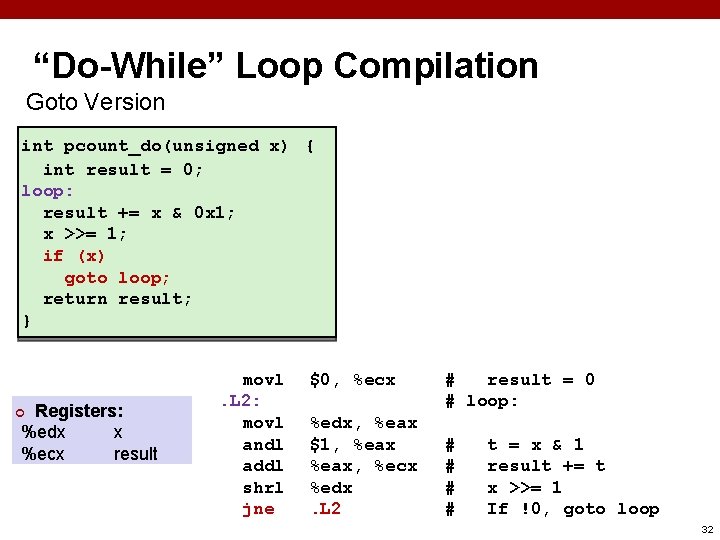“Do-While” Loop Compilation Goto Version int pcount_do(unsigned x) { int result = 0; loop: