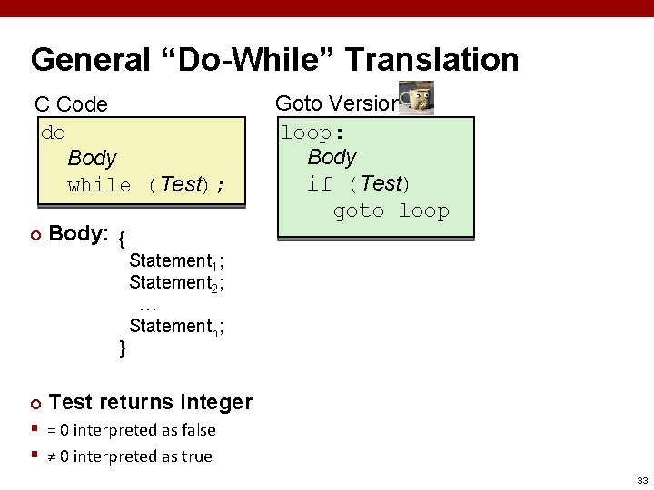 General “Do-While” Translation C Code do Body while (Test); ¢ Body: { } ¢