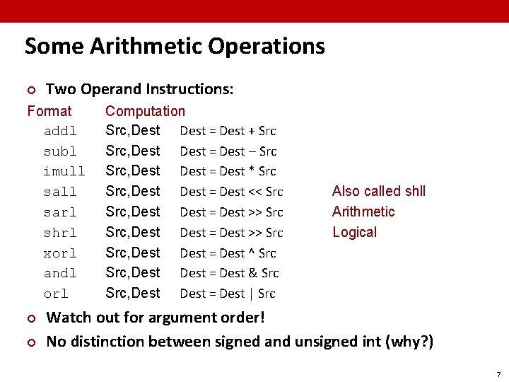 Some Arithmetic Operations ¢ Two Operand Instructions: Format addl subl imull sarl shrl xorl