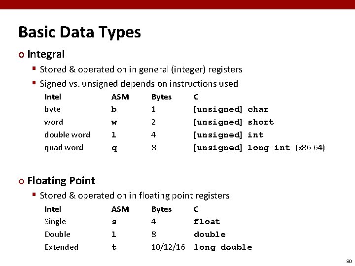 Basic Data Types ¢ Integral § Stored & operated on in general (integer) registers