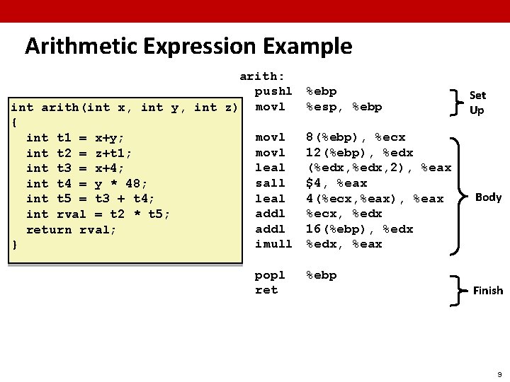 Arithmetic Expression Example arith: pushl %ebp %esp, %ebp int arith(int x, int y, int