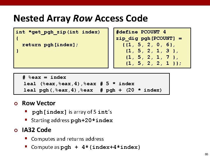 Nested Array Row Access Code int *get_pgh_zip(int index) { return pgh[index]; } #define PCOUNT