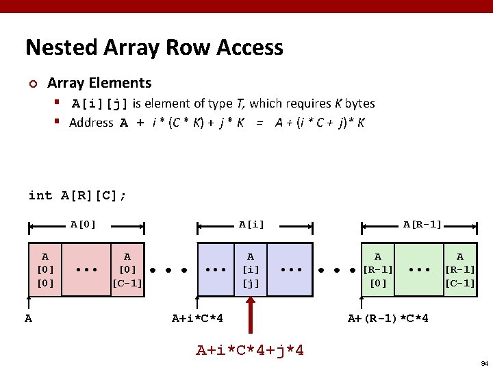 Nested Array Row Access ¢ Array Elements § A[i][j] is element of type T,