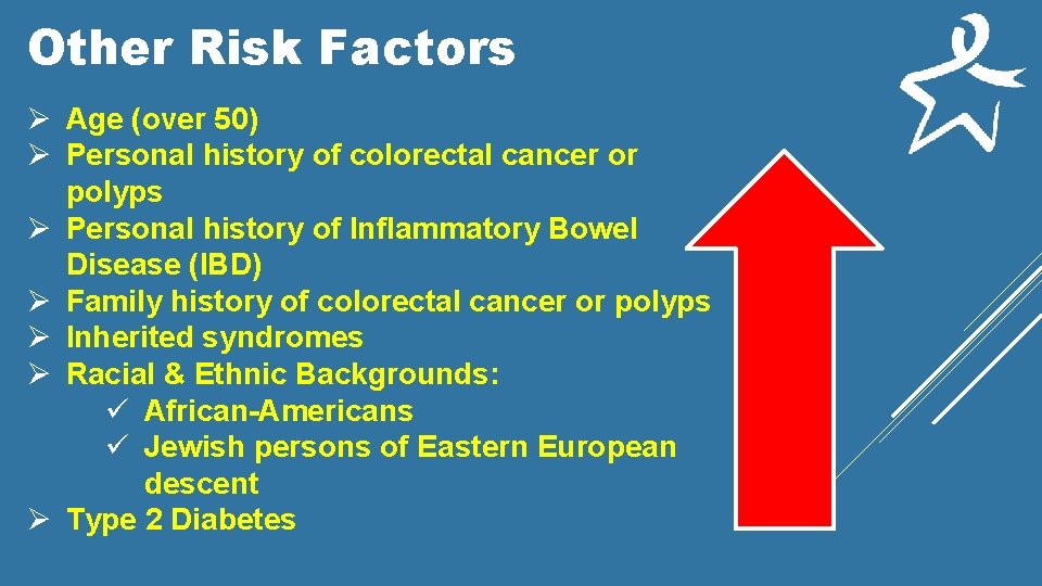Other Risk Factors Ø Age (over 50) Ø Personal history of colorectal cancer or