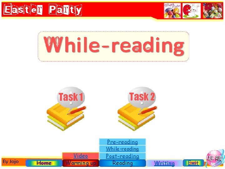 Task 1 Task 2 Pre-reading By Jojo Home Video Warming up While-reading Post-reading Reading