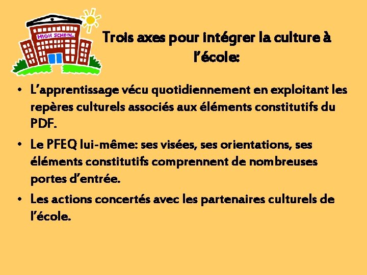 Trois axes pour intégrer la culture à l’école: • L’apprentissage vécu quotidiennement en exploitant