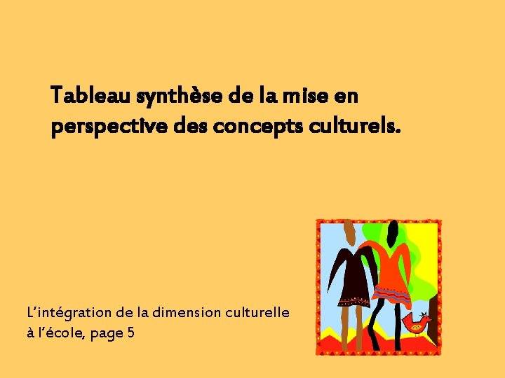 Tableau synthèse de la mise en perspective des concepts culturels. L’intégration de la dimension