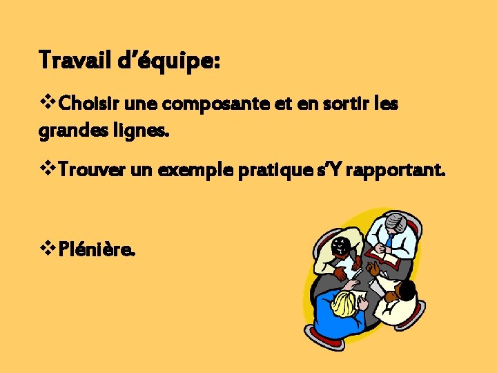 Travail d’équipe: v. Choisir une composante et en sortir les grandes lignes. v. Trouver