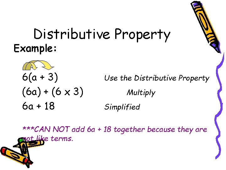 Distributive Property Example: 6(a + 3) (6 a) + (6 x 3) 6 a