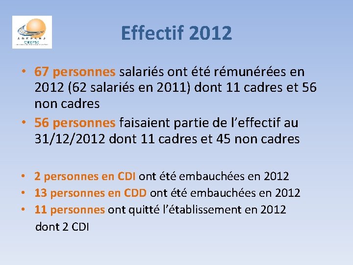 Effectif 2012 • 67 personnes salariés ont été rémunérées en 2012 (62 salariés en