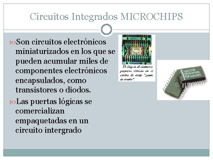 Circuitos Integrados MICROCHIPS Son circuitos electrónicos miniaturizados en los que se pueden acumular miles