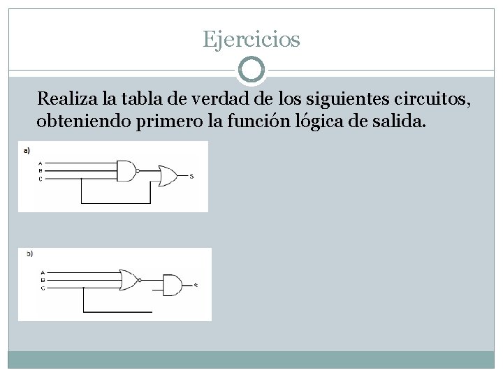 Ejercicios Realiza la tabla de verdad de los siguientes circuitos, obteniendo primero la función