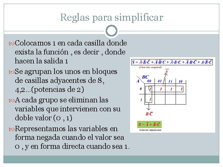 Reglas para simplificar Colocamos 1 en cada casilla donde exista la función , es