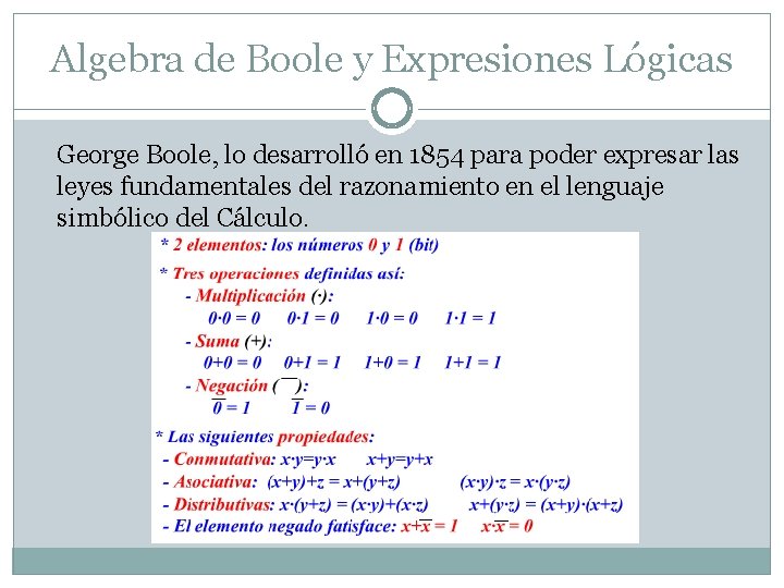 Algebra de Boole y Expresiones Lógicas George Boole, lo desarrolló en 1854 para poder