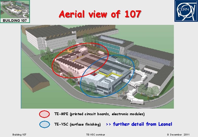 BUILDING 107 Aerial view of 107 TE-MPE (printed circuit boards, electronic modules) TE-VSC (surface