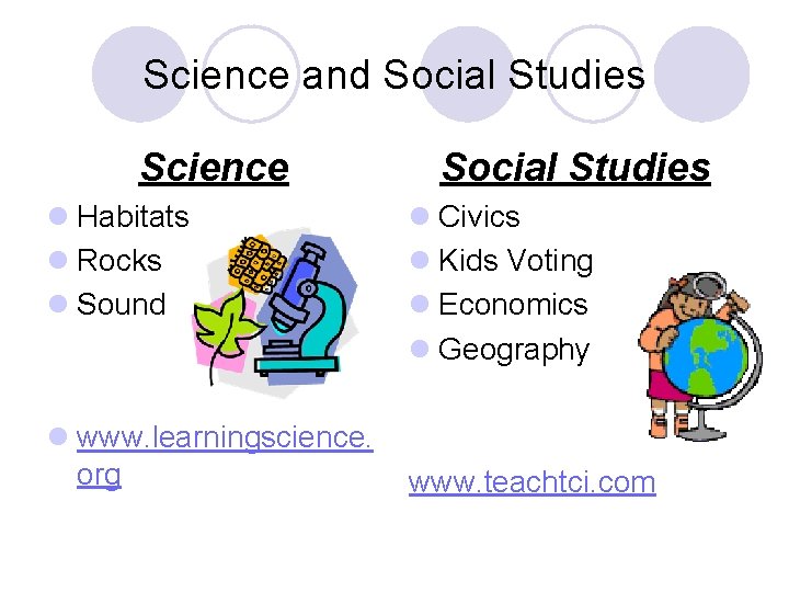 Science and Social Studies Science l Habitats l Rocks l Sound l www. learningscience.