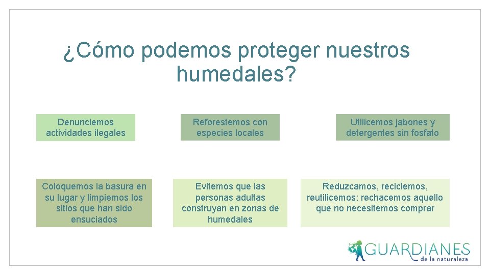 ¿Cómo podemos proteger nuestros humedales? Denunciemos actividades ilegales Coloquemos la basura en su lugar