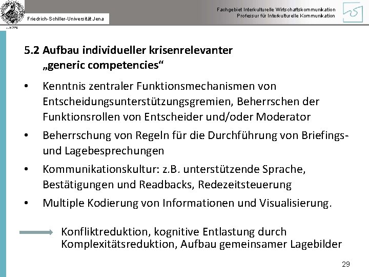 Friedrich-Schiller-Universität Jena Fachgebiet Interkulturelle Wirtschaftskommunikation Professur für Interkulturelle Kommunikation 5. 2 Aufbau individueller krisenrelevanter