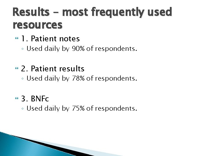 Results – most frequently used resources 1. Patient notes ◦ Used daily by 90%