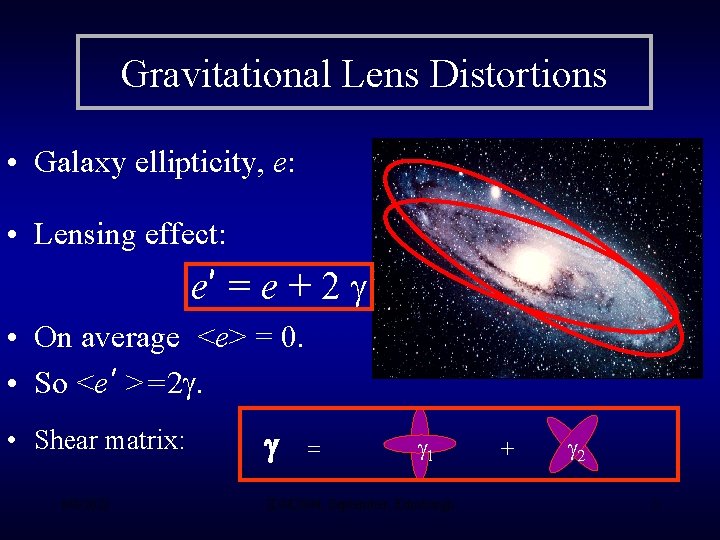 Gravitational Lens Distortions • Galaxy ellipticity, e: • Lensing effect: Shear matrix e’ =