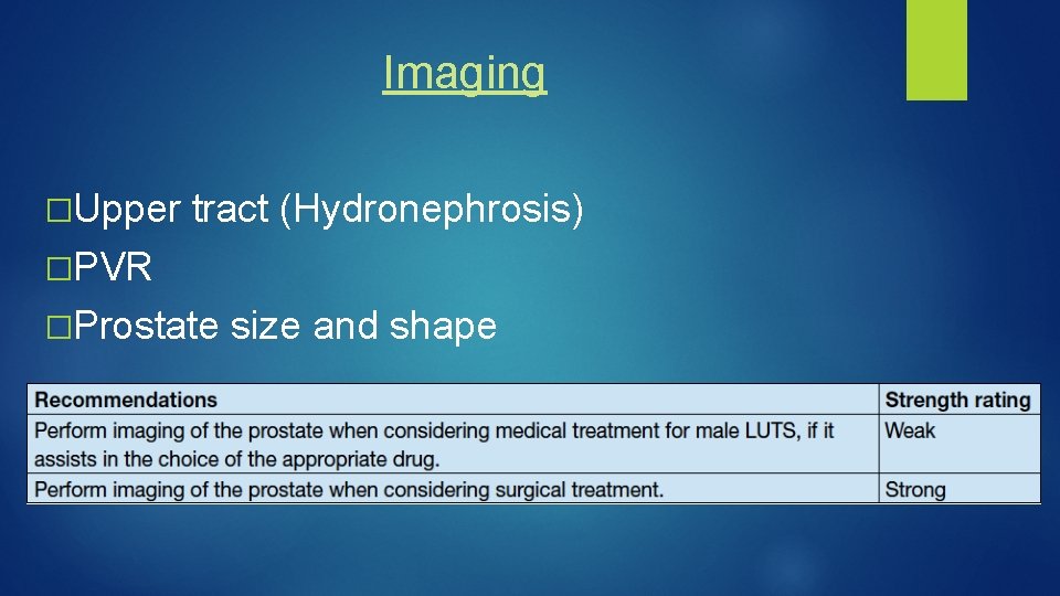 Imaging �Upper tract (Hydronephrosis) �PVR �Prostate size and shape 