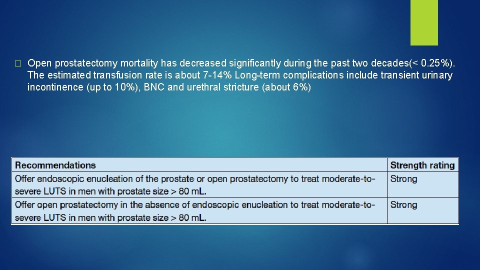 � Open prostatectomy mortality has decreased significantly during the past two decades(< 0. 25%).