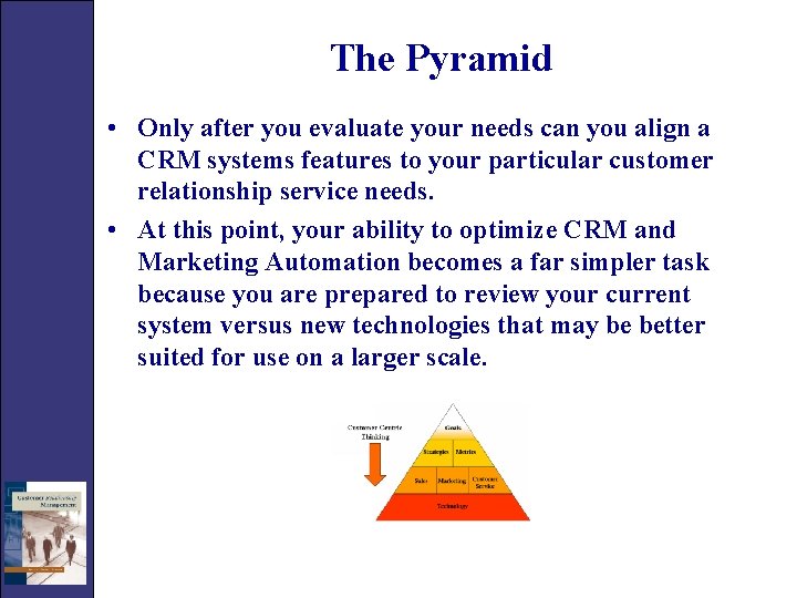 The Pyramid • Only after you evaluate your needs can you align a CRM