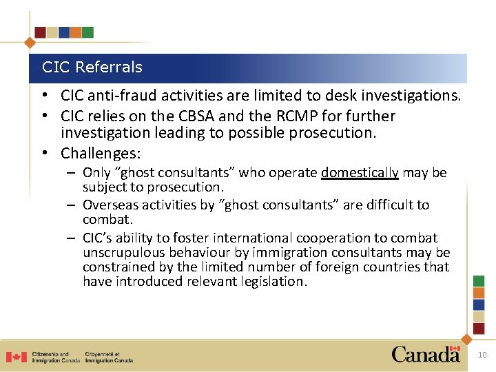 CIC Referrals • CIC anti-fraud activities are limited to desk investigations. • CIC relies