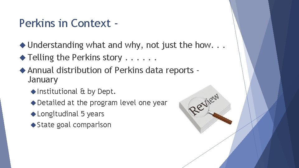 Perkins in Context Understanding what and why, not just the how. . . Telling