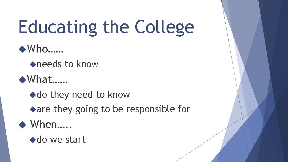 Educating the College Who…… needs to know What…… do they need to know are