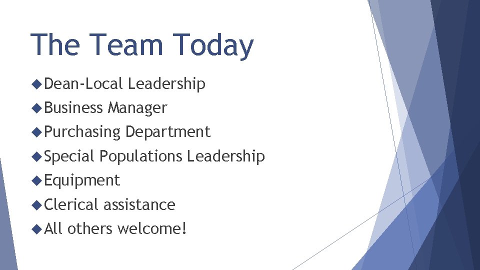 The Team Today Dean-Local Business Manager Purchasing Special Leadership Department Populations Leadership Equipment Clerical