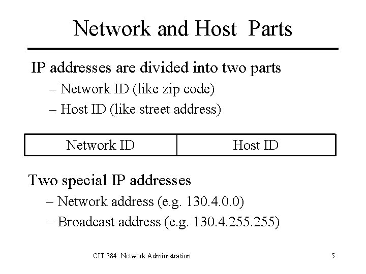 Network and Host Parts IP addresses are divided into two parts – Network ID