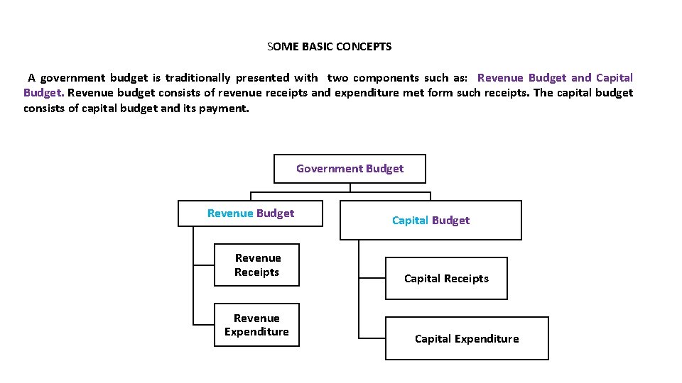 SOME BASIC CONCEPTS A government budget is traditionally presented with two components such as: