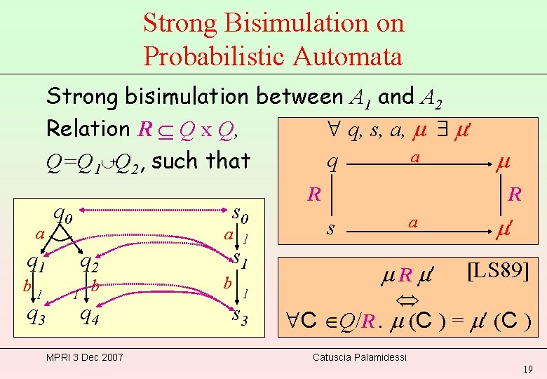 Strong Bisimulation on Probabilistic Automata Strong bisimulation between A 1 and A 2 q,