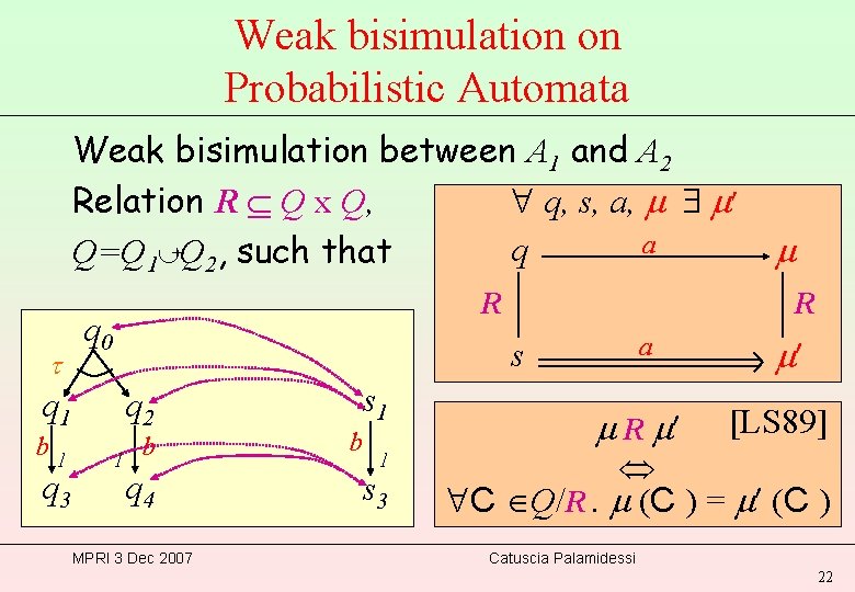 Weak bisimulation on Probabilistic Automata Weak bisimulation between A 1 and A 2 q,