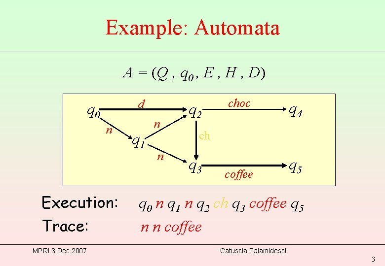 Example: Automata A = (Q , q 0 , E , H , D)