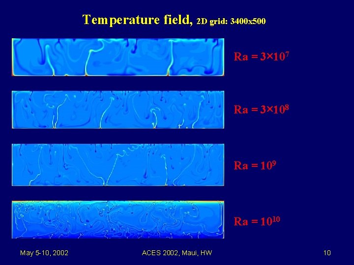 Temperature field, 2 D grid: 3400 x 500 Ra = 3× 107 Ra =