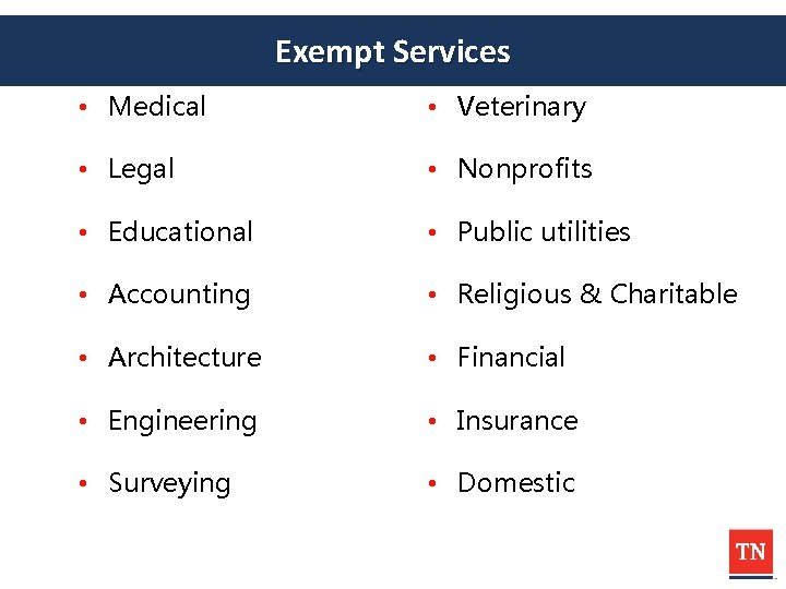 Exempt Services • Medical • Veterinary • Legal • Nonprofits • Educational • Public