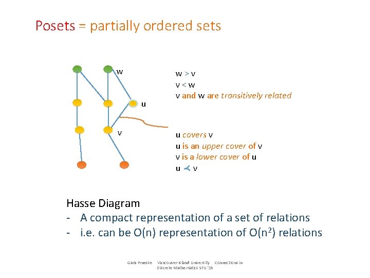 Posets = partially ordered sets w u v w>v v<w v and w are
