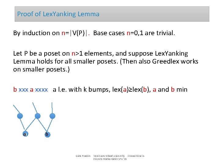 Proof of Lex. Yanking Lemma By induction on n=|V(P)|. Base cases n=0, 1 are