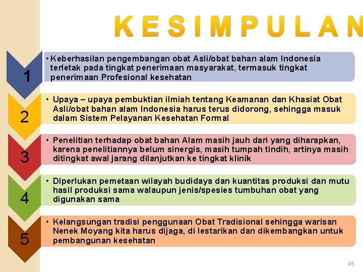 KESIMPULAN 1 • Keberhasilan pengembangan obat Asli/obat bahan alam Indonesia terletak pada tingkat penerimaan