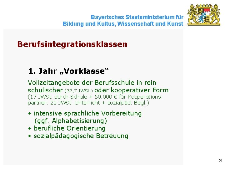 Bayerisches Staatsministerium für Bildung und Kultus, Wissenschaft und Kunst Berufsintegrationsklassen 1. Jahr „Vorklasse“ Vollzeitangebote