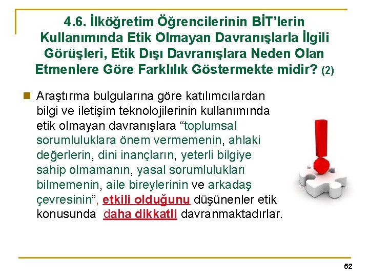 4. 6. İlköğretim Öğrencilerinin BİT’lerin Kullanımında Etik Olmayan Davranışlarla İlgili Görüşleri, Etik Dışı Davranışlara