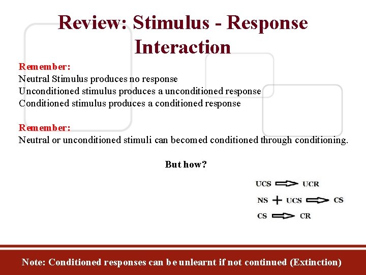 Review: Stimulus - Response Interaction Remember: Neutral Stimulus produces no response Unconditioned stimulus produces