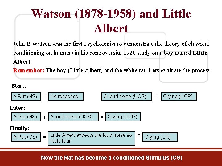 Watson (1878 -1958) and Little Albert John B. Watson was the first Psychologist to