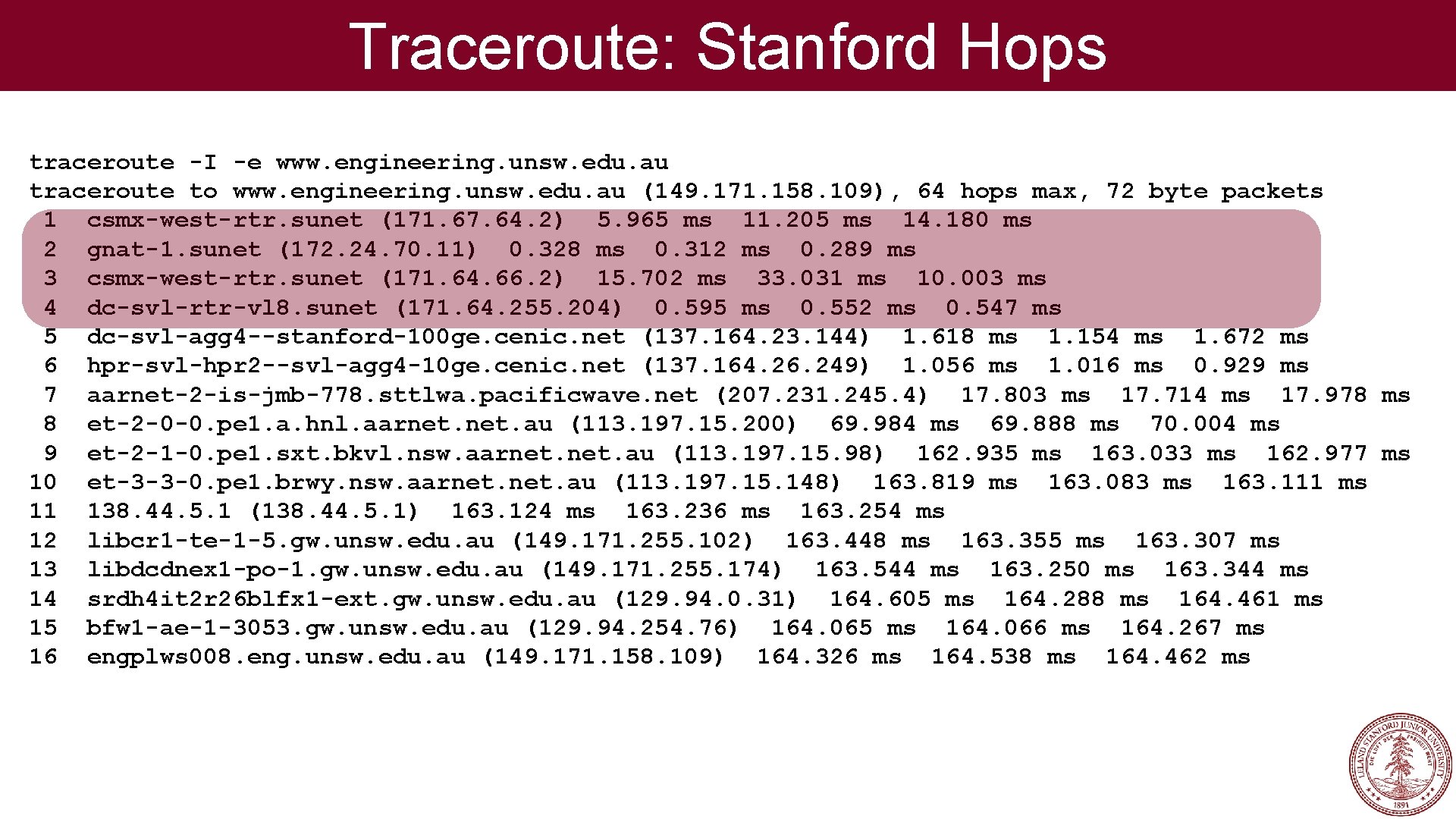 Traceroute: Stanford Hops traceroute -I -e www. engineering. unsw. edu. au traceroute to www.