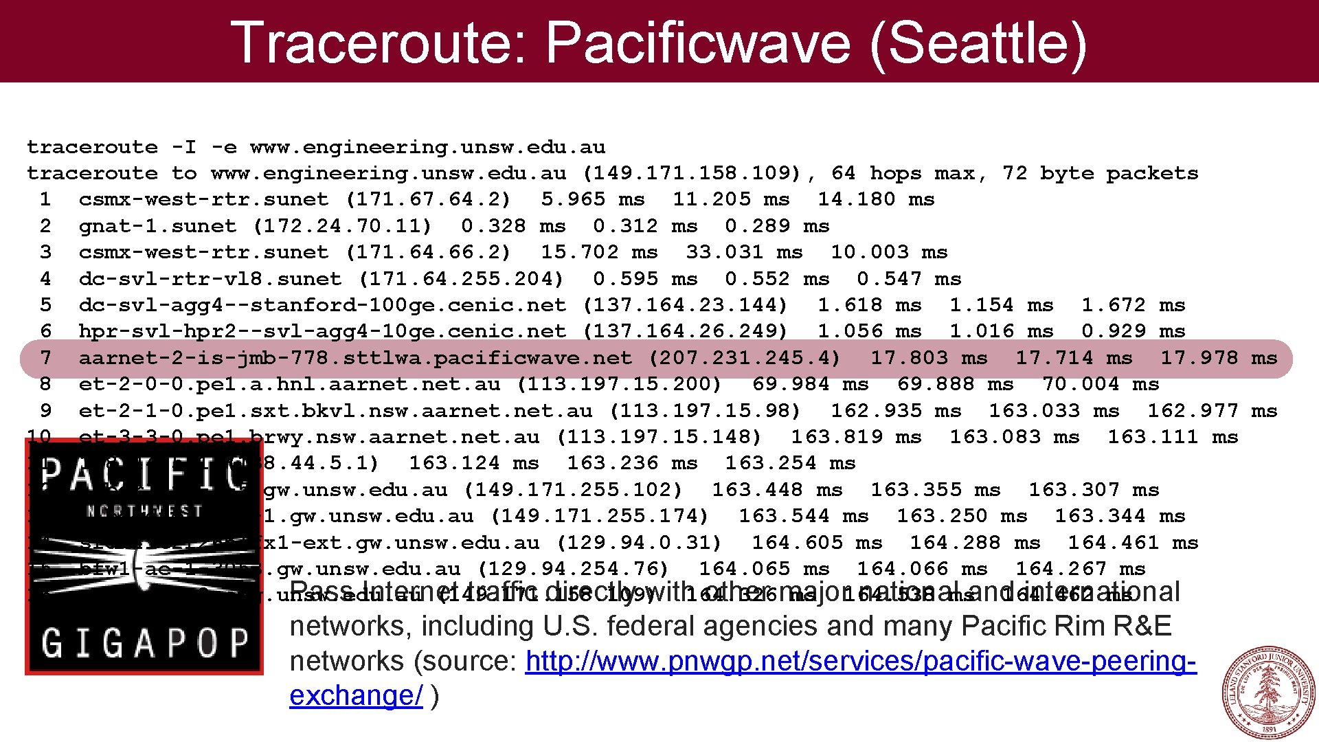 Traceroute: Pacificwave (Seattle) traceroute -I -e www. engineering. unsw. edu. au traceroute to www.