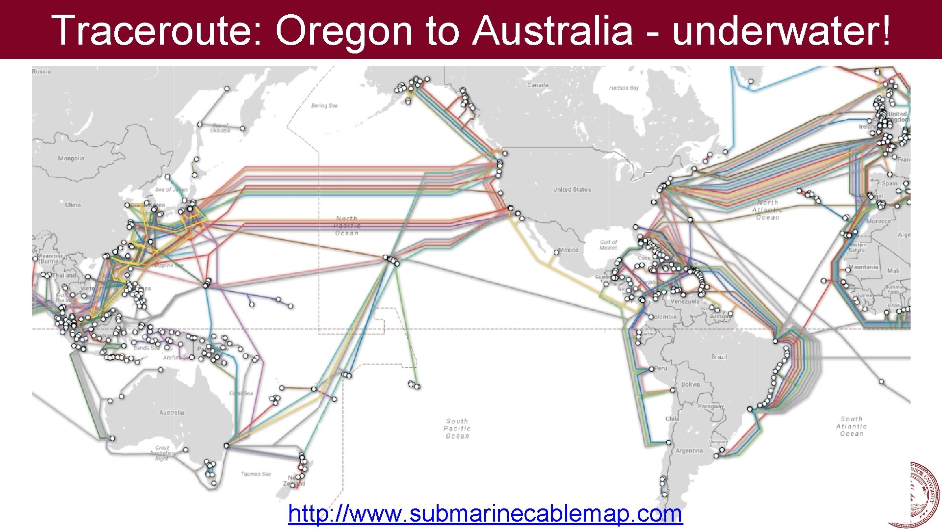 Traceroute: Oregon to Australia - underwater! http: //www. submarinecablemap. com 