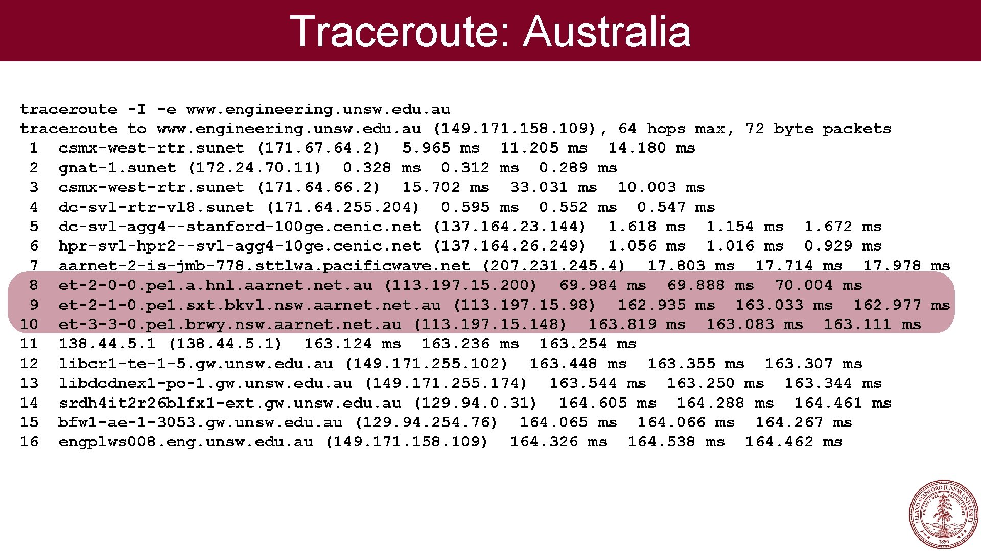 Traceroute: Australia traceroute -I -e www. engineering. unsw. edu. au traceroute to www. engineering.